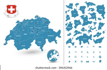 Map of Switzerland with regions. All elements are separated in editable layers clearly labeled.