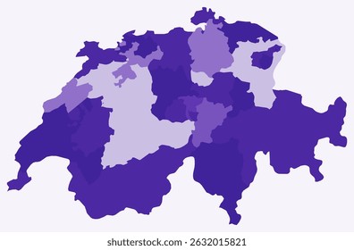 Mapa da Suíça com regiões. Apenas um simples mapa de fronteira de país com divisão de região. Paleta de cores roxo profundo. Forma simples Suíça com divisão administrativa. Ilustração vetorial.