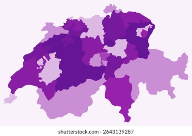 Map of Switzerland with regions. Just a simple country border map with region division. Purple color palette. Plain Switzerland shape with administrative division. Vector illustration.