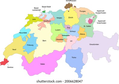 Map Of Switzerland With Representation Of The Divisions By Cantons - Names Of The Federated States Of The Swiss Confederation In Their Official Languages