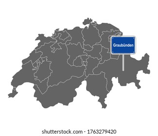 Map of Switzerland with road sign of Graubünden