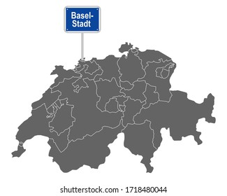 Map of Switzerland with road sign of Basel-Stadt