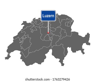 Map of Switzerland with road sign of Luzern