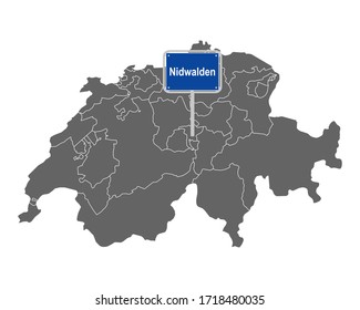 Map of Switzerland with road sign of Nidwalden