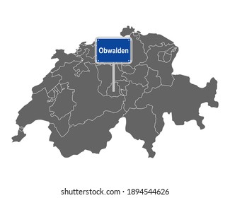 Map of Switzerland with road sign of Obwalden