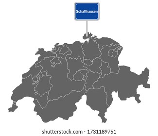 Map of Switzerland with road sign of Schaffhausen