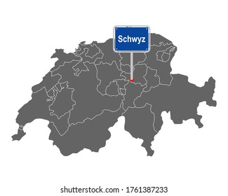 Map of Switzerland with road sign of Schwyz