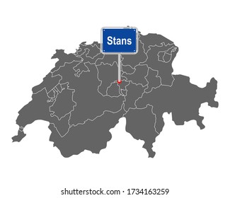 Map of Switzerland with road sign of Stans