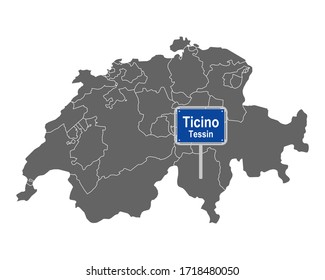 Map of Switzerland with road sign of Ticino