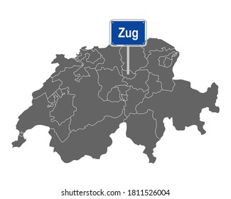 Map of Switzerland with road sign of Zug