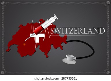 Map of Switzerland with Stethoscope and syringe.