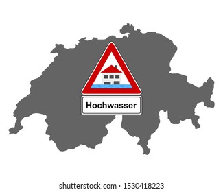 Map of Switzerland and traffic sign flood