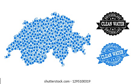 Map of Switzerland vector mosaic and clean water grunge stamp. Map of Switzerland formed with blue water drops. Seal with grunge rubber texture for natural drinking water.