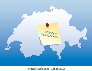 map of Switzerland with yellow stick note with winter holiday text