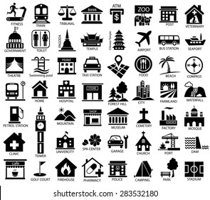 map symbol icon set, place of government, official, religious, cabaret, public health, travel, transport, relaxation, museum, airport, hospital, station, park, academy, gas station, stadium, city, dam