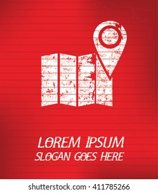 Map symbol on red background,poster grunge design