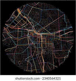 Map of Syracuse, New York with all major and minor roads, railways and waterways. Colorful line art on black background.