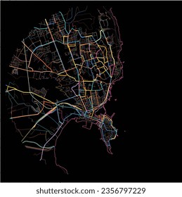 Map of Syracuse, Sicily with all major and minor roads, railways and waterways. Colorful line art on black background.