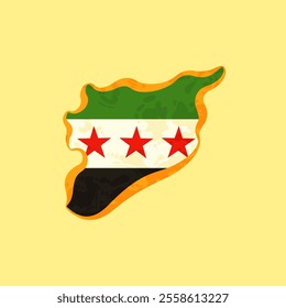 Map of Syria colored with the flag and marked with a golden line in grunge vintage style.