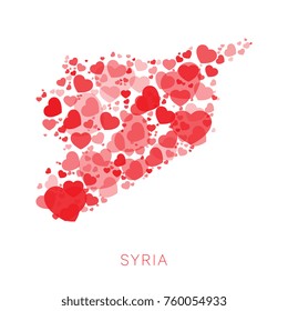 map of syria filled with hearts mosaic of different sizes and degrees of transparency