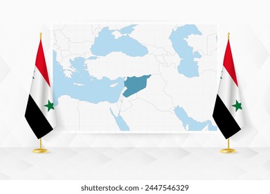 Map of Syria and flags of Syria on flag stand. Vector illustration for diplomacy meeting.