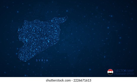 Mapa del diseño moderno de Siria con formas poligonales sobre fondo azul oscuro. Esferas de malla de alambre de negocios a partir de escombros voladores. Concepto de ilustración vectorial de estilo de estructura azul.