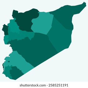 Map of Syria with regions. Just a simple country border map with region division. Teal color palette. Blank Syrian Arab Republic shape with administrative division. Vector illustration.