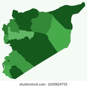 Map of Syria with regions. Just a simple country border map with region division. Green color palette. Blank Syrian Arab Republic shape with administrative division. Vector illustration.