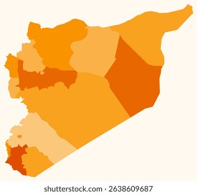 Map of Syria with regions. A simple country border map with regional divisions. Orange color palette. Flat Syrian Arab Republic shape with administrative division. Vector illustration.