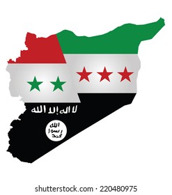 Map of Syria showing the three warring factions dividing the county translation on flag reads there is no God but God Mohammed is his messenger