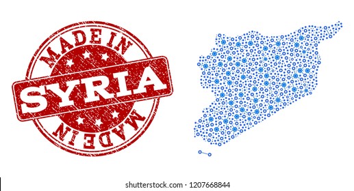 Map of Syria vector mosaic and Made In grunge stamp. Map of Syria formed with blue gear relations. Made in red seal with distress rubber texture.