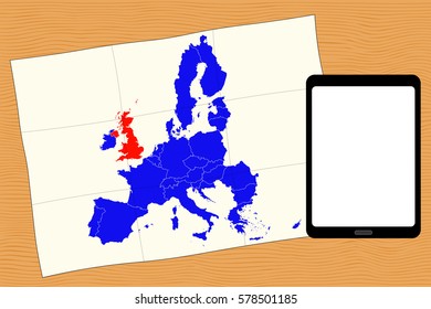 Map and Tablet Computer on a desk for the Brexit