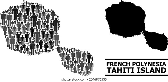 Map of Tahiti Island for politics applications. Vector population collage. Collage map of Tahiti Island designed of social pictograms. Demographic scheme in dark gray color tints.