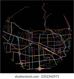 Map of Taian, Shandong with all major and minor roads, railways and waterways. Colorful line art on black background.