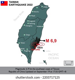 Map Of The TAIWAN 2022 Earthquake, An Earthquake Measuring 6.9 On The Richter Scale Rocked The Southeast Coast Of Taiwan. Flat Design