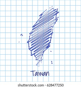 Map of Taiwan, blue sketch abstract background. The hand drawn map on school grid background texture. scribble pan vector illustration