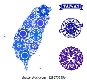 Map of Taiwan composed with blue cog symbols, and isolated grunge watermarks for official repair services. Vector abstract mosaic of map of Taiwan with machinery symbols in blue shades.