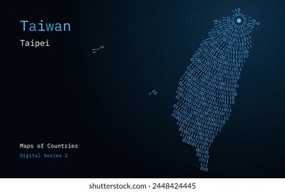 A map of Taiwan depicted in zeros and ones in the form of a circle. The capital, Taipei, is shown in the center of the circle	