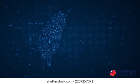 Map of Taiwan modern design with polygonal shapes on dark blue background. Business wireframe mesh spheres from flying debris. Blue structure style vector illustration concept.