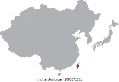 Map of Taiwan with national flag inside the gray map of East region of Asia