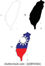 Mapa a Taiwán de fondo blanco. Esquema del mapa de Taiwán. Mapa del vector de Taiwán con la bandera dentro.
