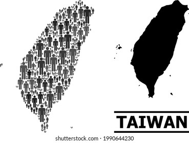 Map of Taiwan for politics doctrines. Vector demographics abstraction. Abstraction map of Taiwan done of man elements. Demographic concept in dark grey color tones.