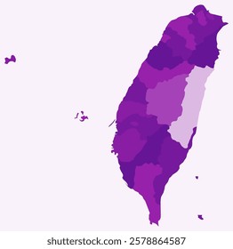 Map of Taiwan with regions. Just a simple country border map with region division. Purple color palette. Flat Taiwan shape with administrative division. Vector illustration.