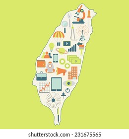 Map of Taiwan with technology icons. Contour map of Taiwan with icons of technology, business, science, communication