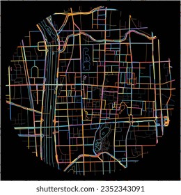 Map of Taiyuan, Shanxi with all major and minor roads, railways and waterways. Colorful line art on black background.
