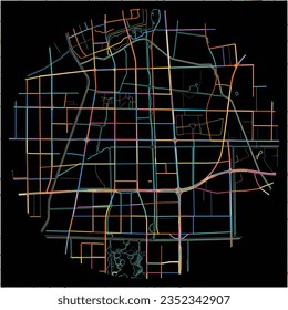 Map of Taizhou, Jiangsu with all major and minor roads, railways and waterways. Colorful line art on black background.