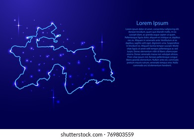 Map Tajikistan from the contours network blue, luminous space stars for banner, poster, greeting card, of vector illustration