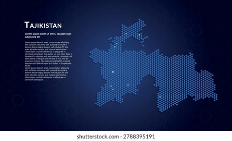 Map of Tajikistan. Digital dot map highlighting the country's most important cities. Created using a precise pattern of small dots that form the recognizable silhouette of the country. Technology themed digital projects