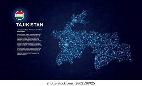 Map of Tajikistan. Digital and interconnected country highlighting most important cities. Business map. Modern and Technological design with abstract mesh polygonal shapes on dark blue background