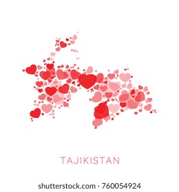 map of tajikistan filled with hearts mosaic of different sizes and degrees of transparency